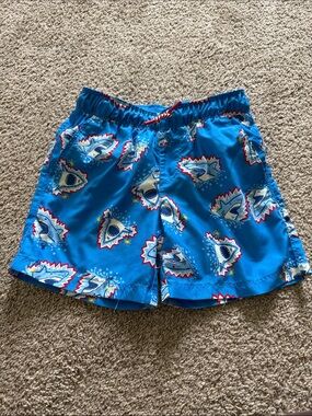 Blue Shark Print Kids Swim Trunks